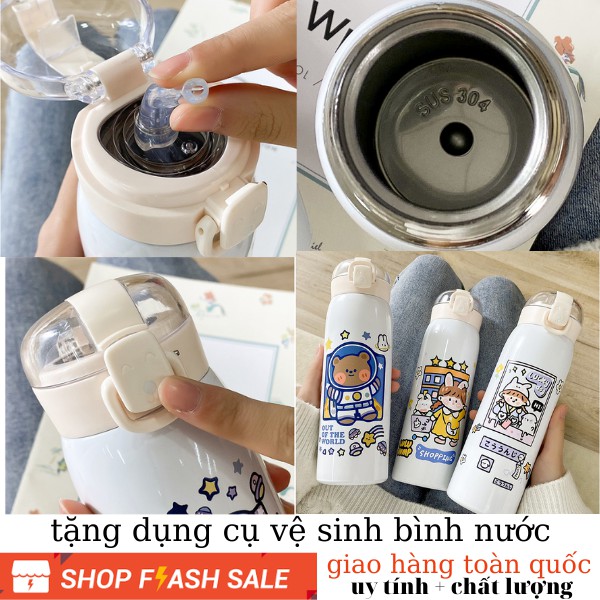 Bình giữ nhiệt INOX 304 dung tích 500ml họa tiết dễ thương có ống hút