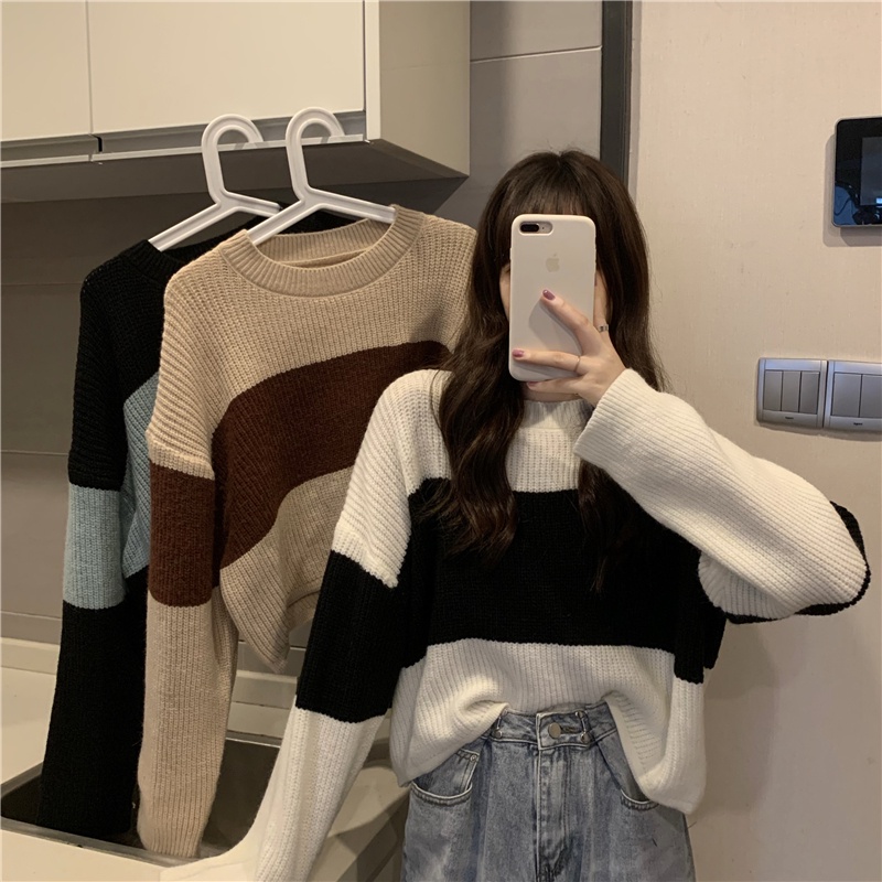 Áo sweater PERTY dệt kim dáng rộng họa tiết kẻ sọc phong cách Hàn Quốc retro thời trang mùa thu mới dành cho nữ