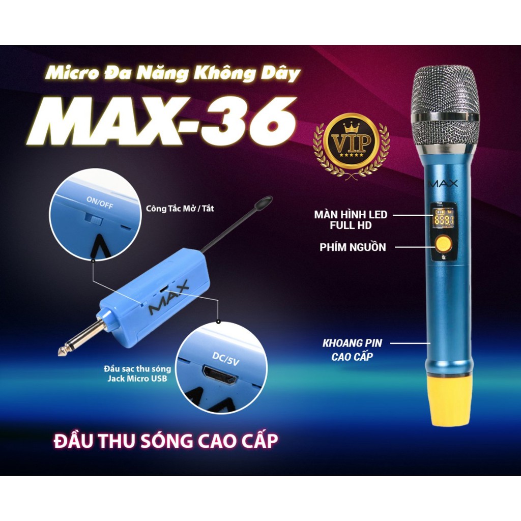 Micro Không Dây Karaoke Max 36 &amp; Max 56, Pin Sạc, Mẫu Mới 2021, Màn Hình LED, Chống Hú Tốt, Hát Nhẹ, Sóng Mạnh