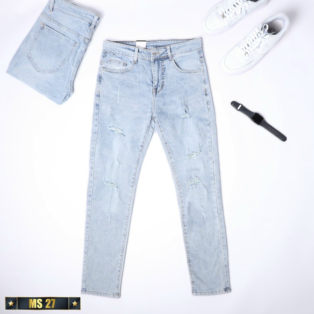 Quần jean nam ống suông OBOKFASHION màu xanh rách gối dễ phối đồ phong cách hàn quốc co giãn cao cấp QDN027