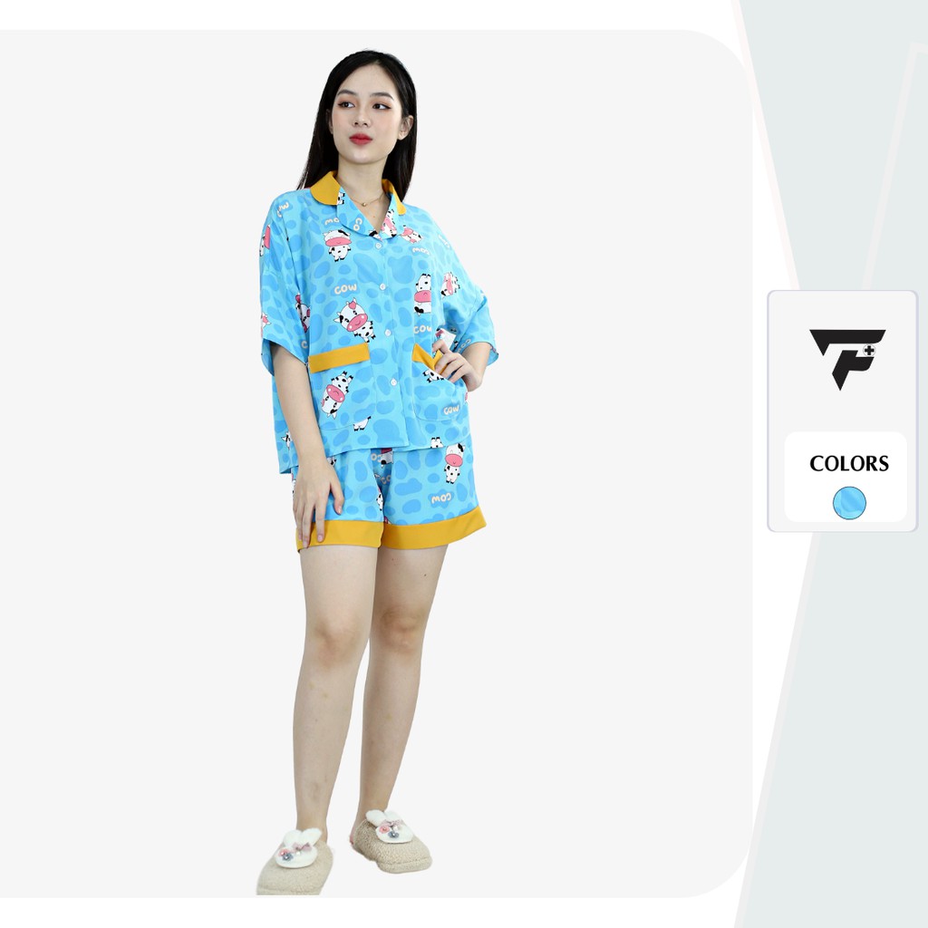 Bộ mặc nhà nữ dễ thương bò sữa ngắn form rộng cá tính pijama lua cao cấp FPLUS 286