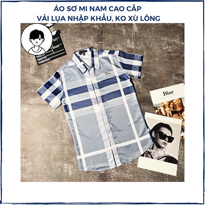 Áo sơ mi nam tay ngắn phối sọc thêu hình ở ngực form ôm dáng chất vải lụa thoáng mát