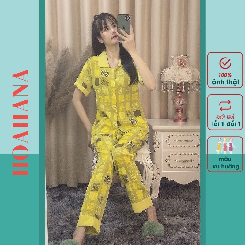 Đồ bộ nữ pijama lụa ngủ mặc nhà tiểu thư tay ngắn quần dài mango dễ thương HOAHANA SN01