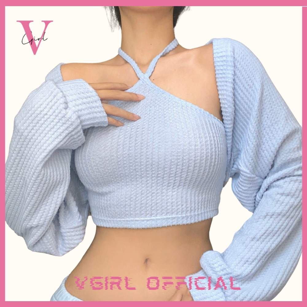 Set áo croptop cổ yếm VGIRL kèm áo khoác cardigan tay bồng khoác lửng chất len mềm [ẢNH ĐỘC QUYỀN]