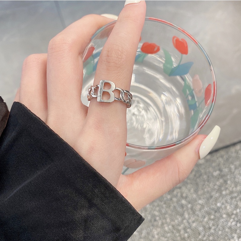 Nhẫn đeo tay kim loại khắc chữ B phong cách retro