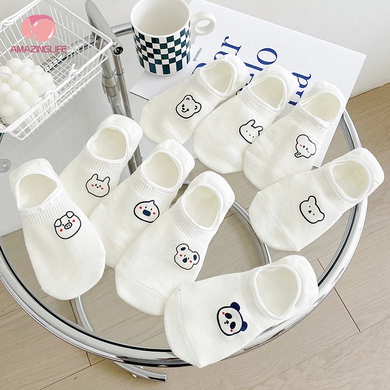 1 Đôi Vớ Thuyền Ngắn Co Giãn Thoáng Khí In Hình Động Vật Hoạt Hình Bằng Silicon Chống Trượt Thời Trang Xuân Hè
