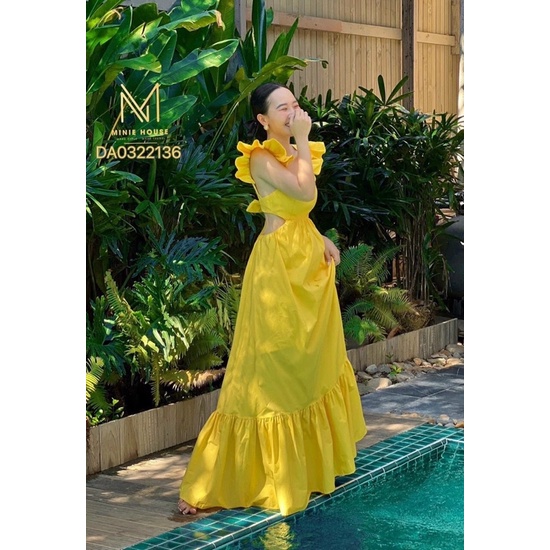 Đầm maxi đi biển cánh tiên hở lưng khoét eo nơ lưng nhún thun 3 màu hot trend
