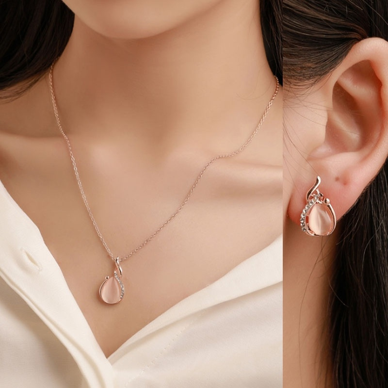 Bộ vòng cổ + Bông Tai Mạ Vàng Hồng Đính Đá Opal Sang Trọng