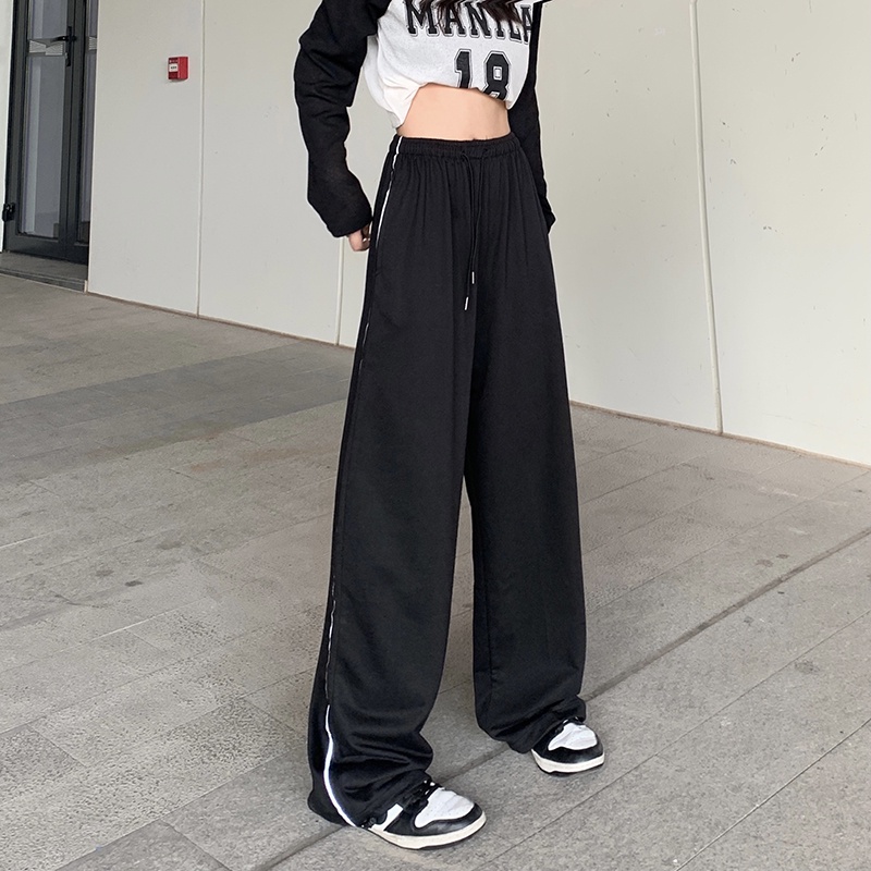 SUXI Quần ống rộng Dáng Suông Dây Rút Màu Đen Cá Tính Thời Trang Cho Nữ