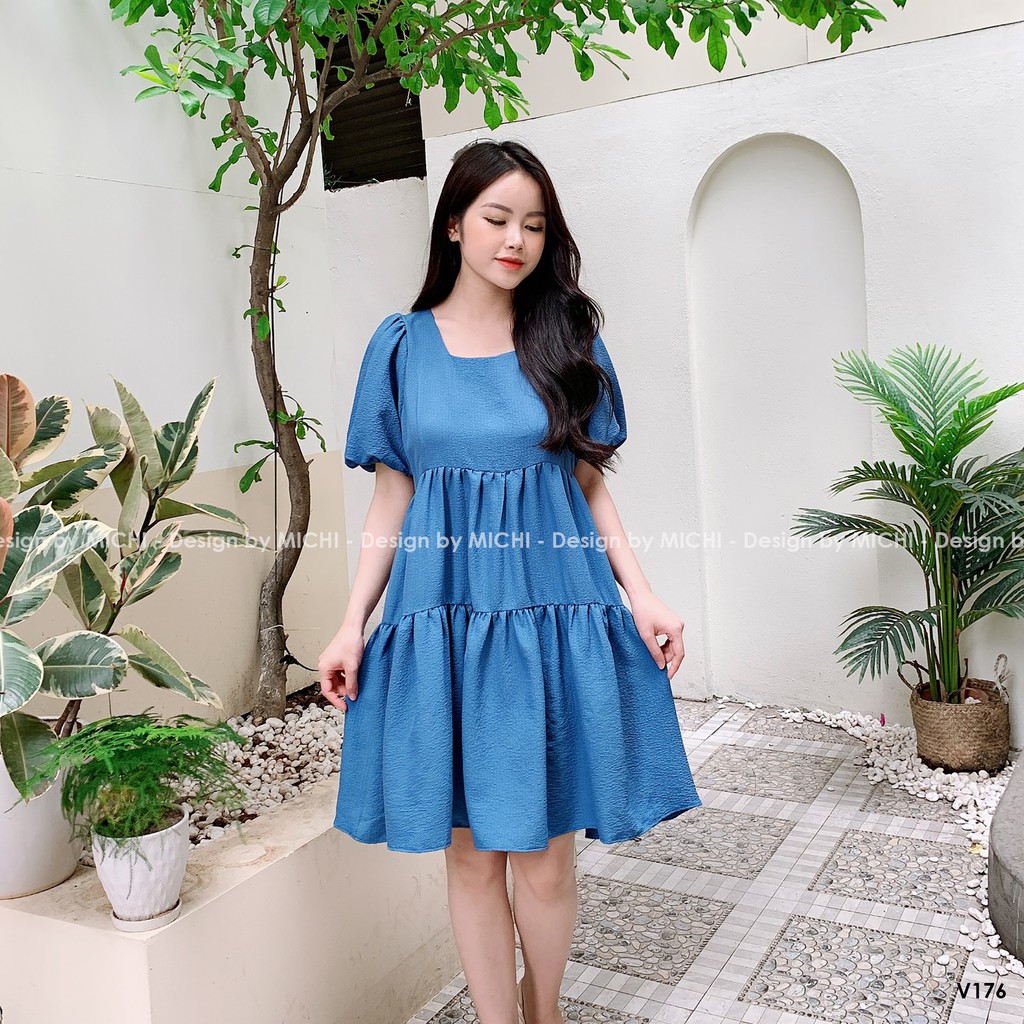 Váy baybydoll 2 tầng, cổ vuông,  tay bo phồng, đầm xuông rộng freesize 3 màu mã V176 - Michi's House | BigBuy360 - bigbuy360.vn