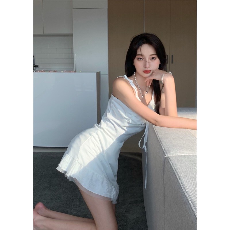 ORDER🎀Đầm trắng 2 dây ôm body trắng thắt nơ ngực đuôi cá phối ren/Váy bánh bèo ulzzang mút ngực vintage retro tiểu thư