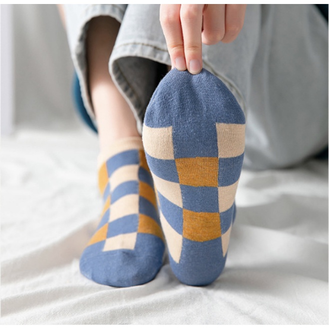 Tất vớ cotton cổ thấp ngắn họa tiết caro kẻ ô tone màu xanh dương  thời trang  cho nữ