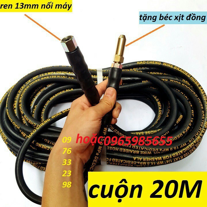 Dây rửa xe áp lực cao 10m,15m, 20m tặng kèm béc đồng - dây xịt rửa xe ren 13mm DÙNG CHO MÁY MÔ TƠ KÉO