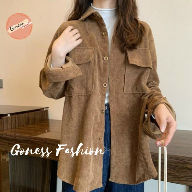 Sơ mi nhung tăm form rộng 2 túi unisex