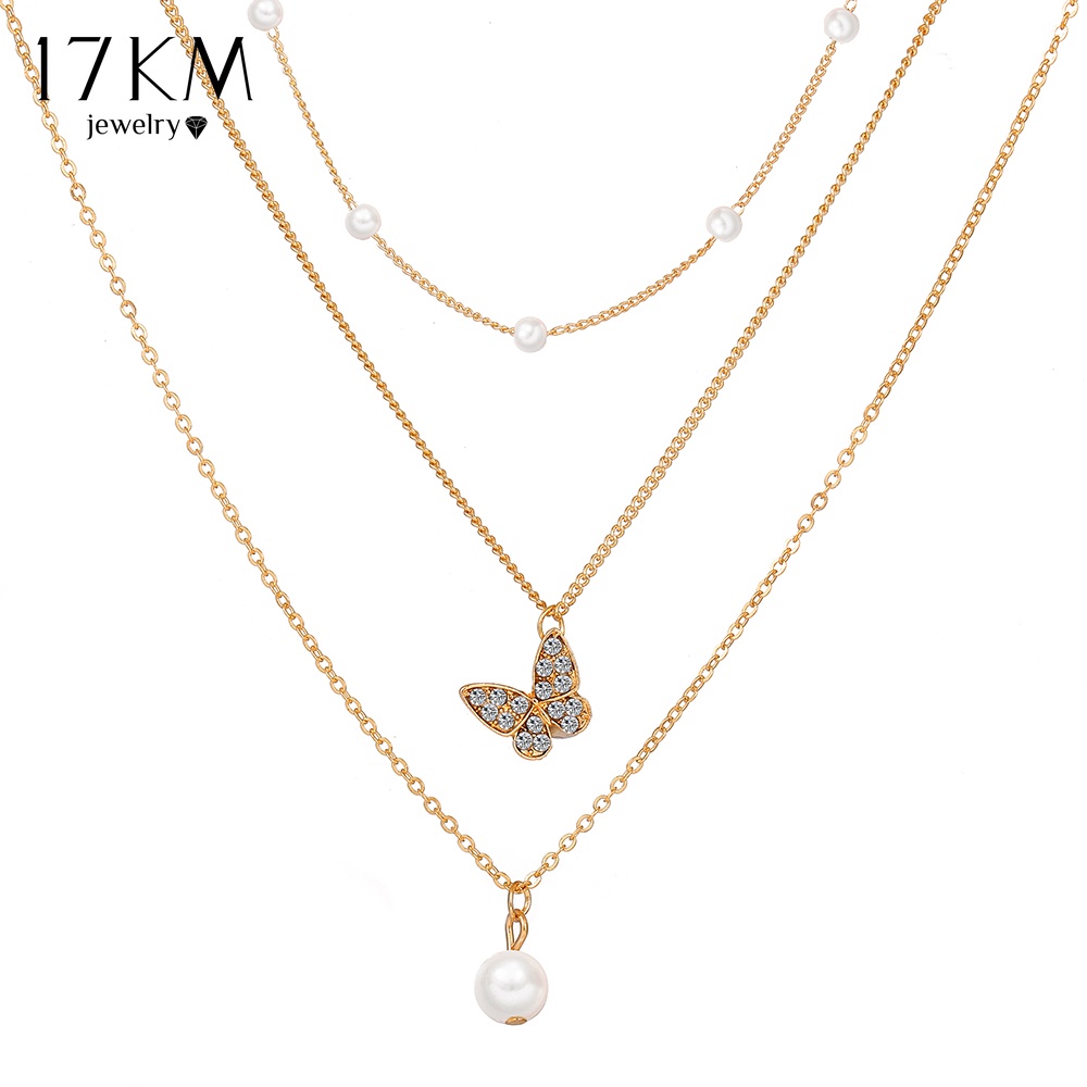 Vòng cổ choker vàng nhiều lớp 17KM hình bướm đính ngọc trai thời trang Hàn Quốc cho nữ