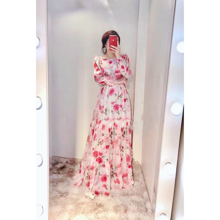 Đầm hoa maxi cổ tròn bóp eo tay dài dáng xòe