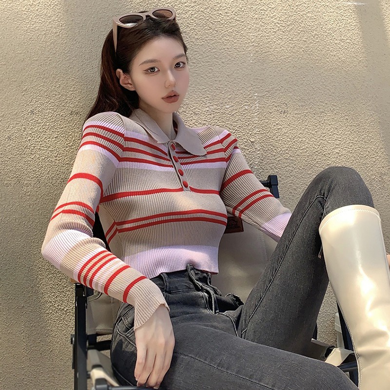 Áo Croptop Dệt Kim Tay Dài Dáng Ôm Họa Tiết Kẻ Sọc Phong Cách Hàn Quốc Thời Trang Cho Nữ