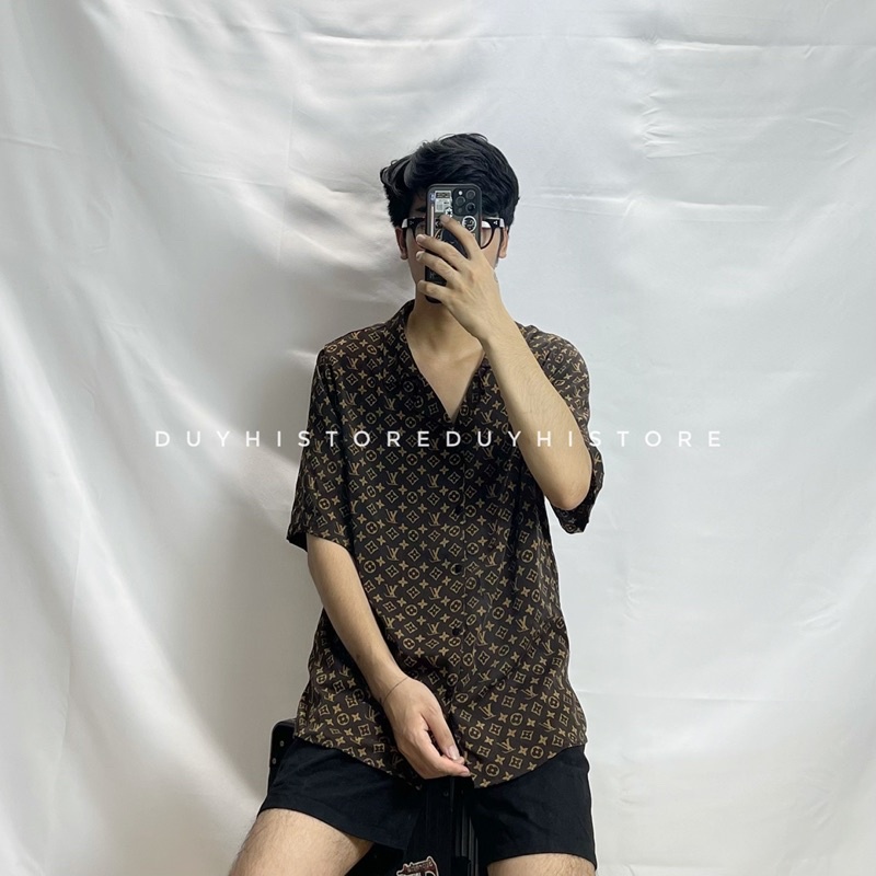 Áo sơ mi cộc tay LV Nâu / Áo sơ mi unisex nam nữ form rộng / Ảnh thật | BigBuy360 - bigbuy360.vn