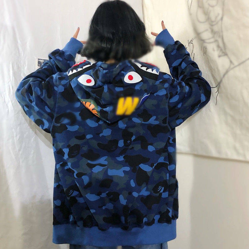 Áo khoác cá mập bape  áo hoodie Cặp nam nữ có dây kéo unisexhàn  màu lam