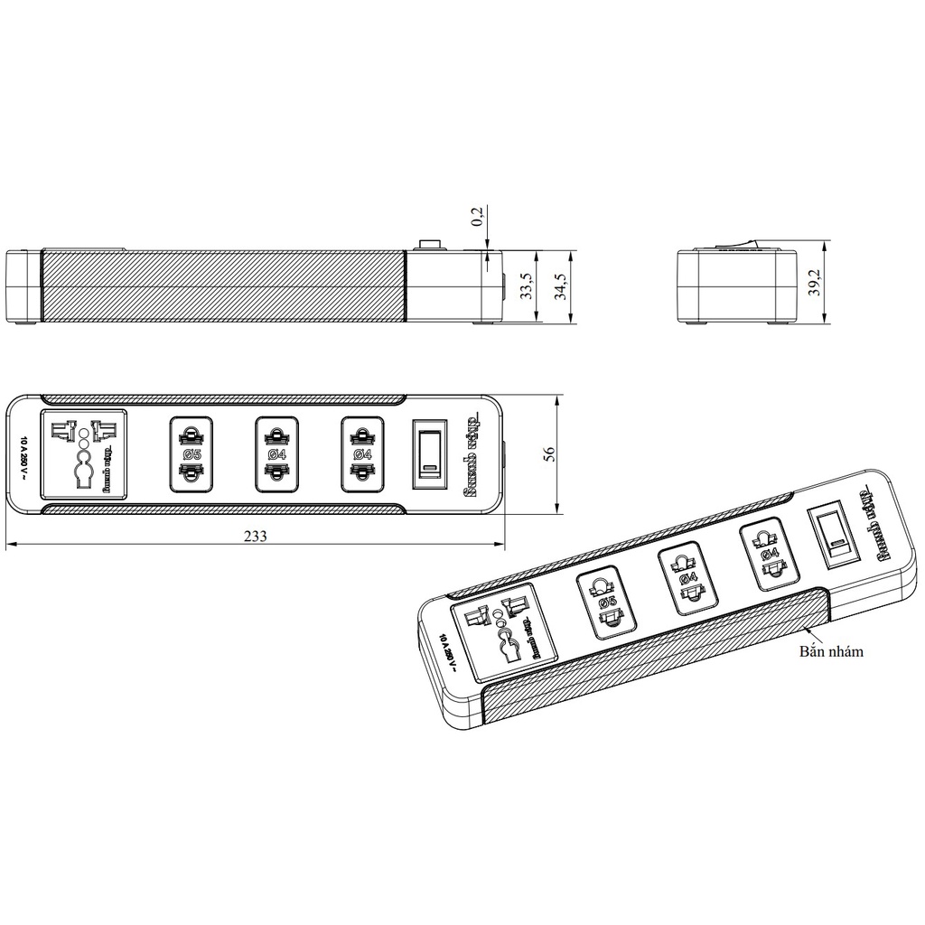 Ổ cắm Điện Quang ĐQ ESK 4BR (4 lỗ kết hợp, 1 công tắc an toàn, màu đen đỏ)