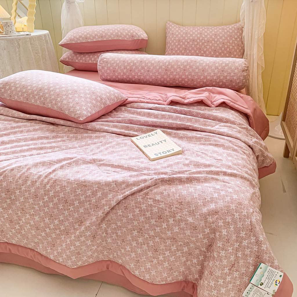 Set 5 món chăn ga gối Cotton Đũi, Bộ chăn gối mền họa tiết Hàn Quốc nhập khẩu mềm mịn