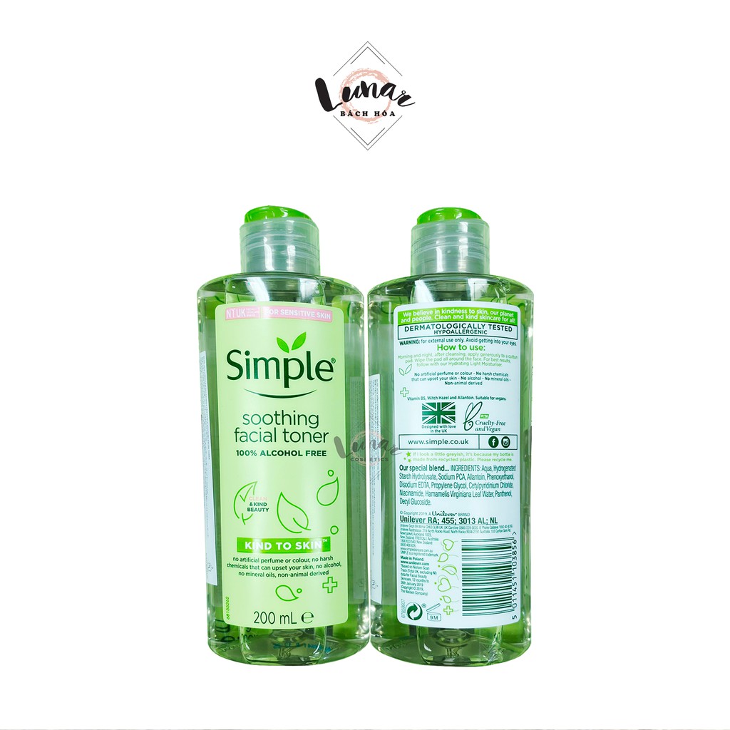 Nước Hoa Hồng Simple Dưỡng Ẩm Dành Cho Da Nhạy Cảm 200ml - Nước Cân Bằng Da Simple Kind To Skin Soothing Facial Toner