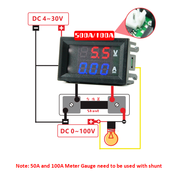 Màn hình hiển thị vôn kế / ampe kế kỹ thuật số DC 100V 50A đèn LED màu đỏ