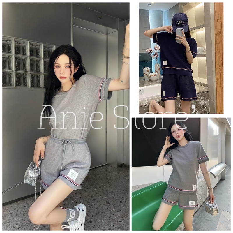 Bộ Áo Thun Quần Short Nữ Viền Sọc Vải Tổ Ong 🦋 Set Áo Thun Cộc Tay Quần Đùi Dáng Rộng 3 Màu 🦋