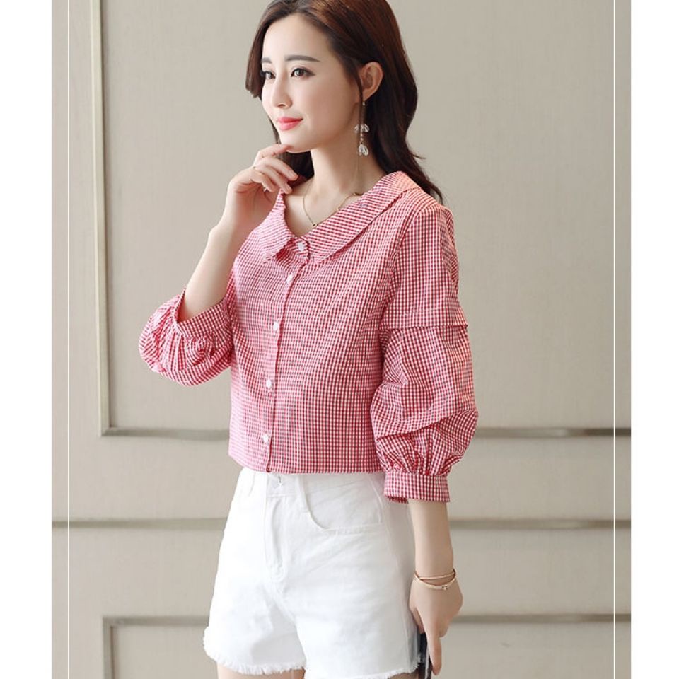 Áo Sơ Mi Cổ Búp Bê Họa Tiết Sọc Caro Phong Cách Hàn Quốc Thời Trang Xuân Hè Mới Cho Nữ