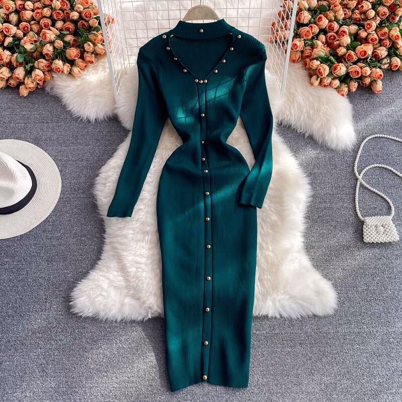 Đầm len nữ body khoét cổ, đầm ôm tôn dáng
