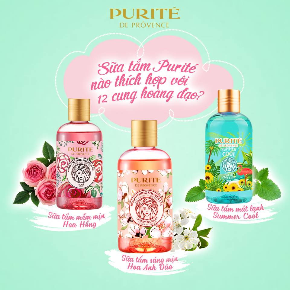 Sữa tắm Tinh Dầu Purité De Prôvence Thư Giãn Da Hương Các Loài Hoa Anh Đào/Linh Lan/Mẫu Đơn/Hoa Hồng Chai 500ml