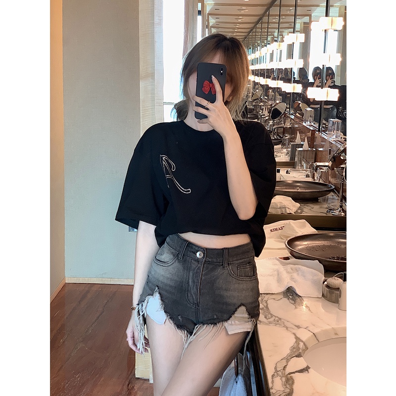 Kumikumi HUANG YOYO Quần Short denim Lưng Cao Phối Rách Phong Cách Hàn Quốc Thời Trang Cho Nữ