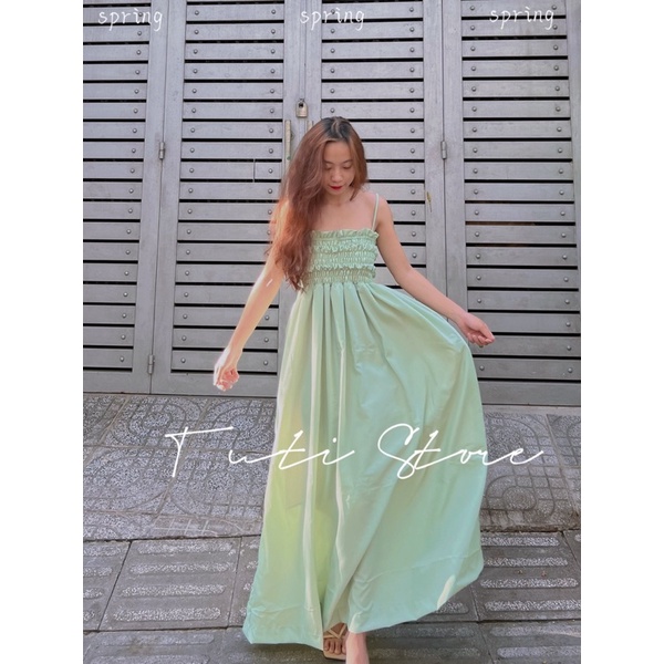 Đầm maxi nhún ngực DOLLY DRESS XANH BƠ đi biển Freesize cho nàng 45-60kg