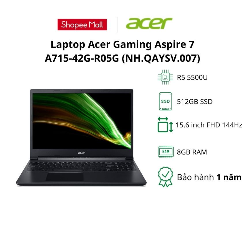 Laptop Acer Aspire 7 A715-42G-R05G (NH.QAYSV.007)/ Đen/ AMD Ryzen 5 5500U/ RAM 8GB/ 512GB SSD/NVIDIA GTX 1650/15.6&quot; FHD