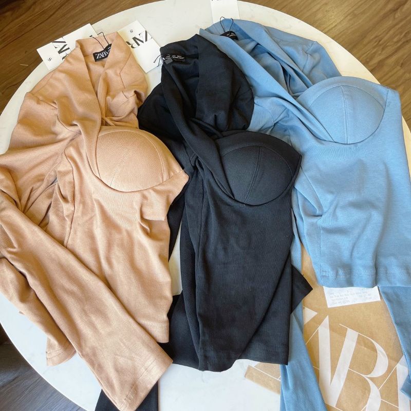 Áo thun ZARA xuất xịn cotton gân body tay dài cúp ngực có mút xanh, đen