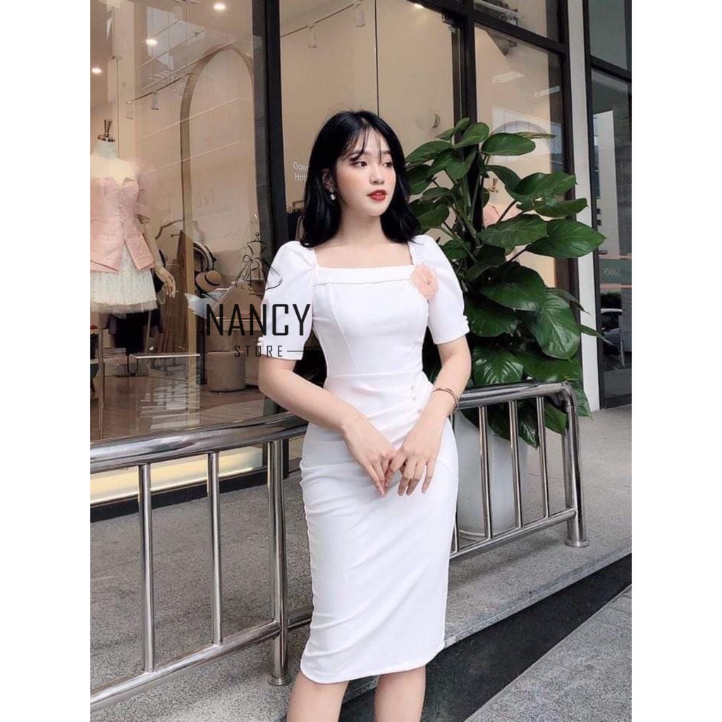 Váy body cổ vuông, tay bồng, hoa ngực, ngọc đính eo Nancy A9