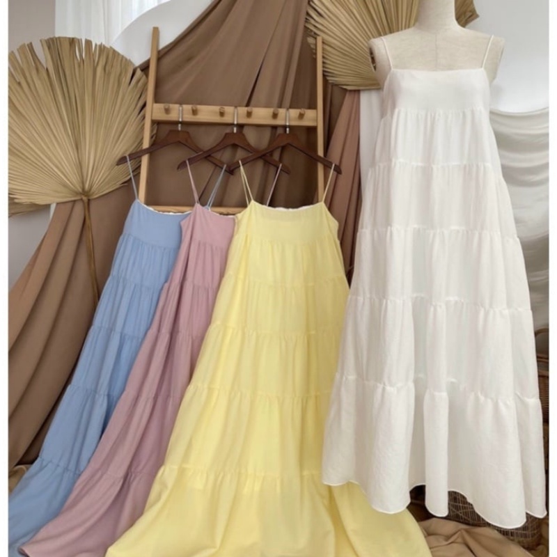 Đầm maxi 2 dây, đầm form babydoll thiết kế nhiều tầng tone màu pastel
