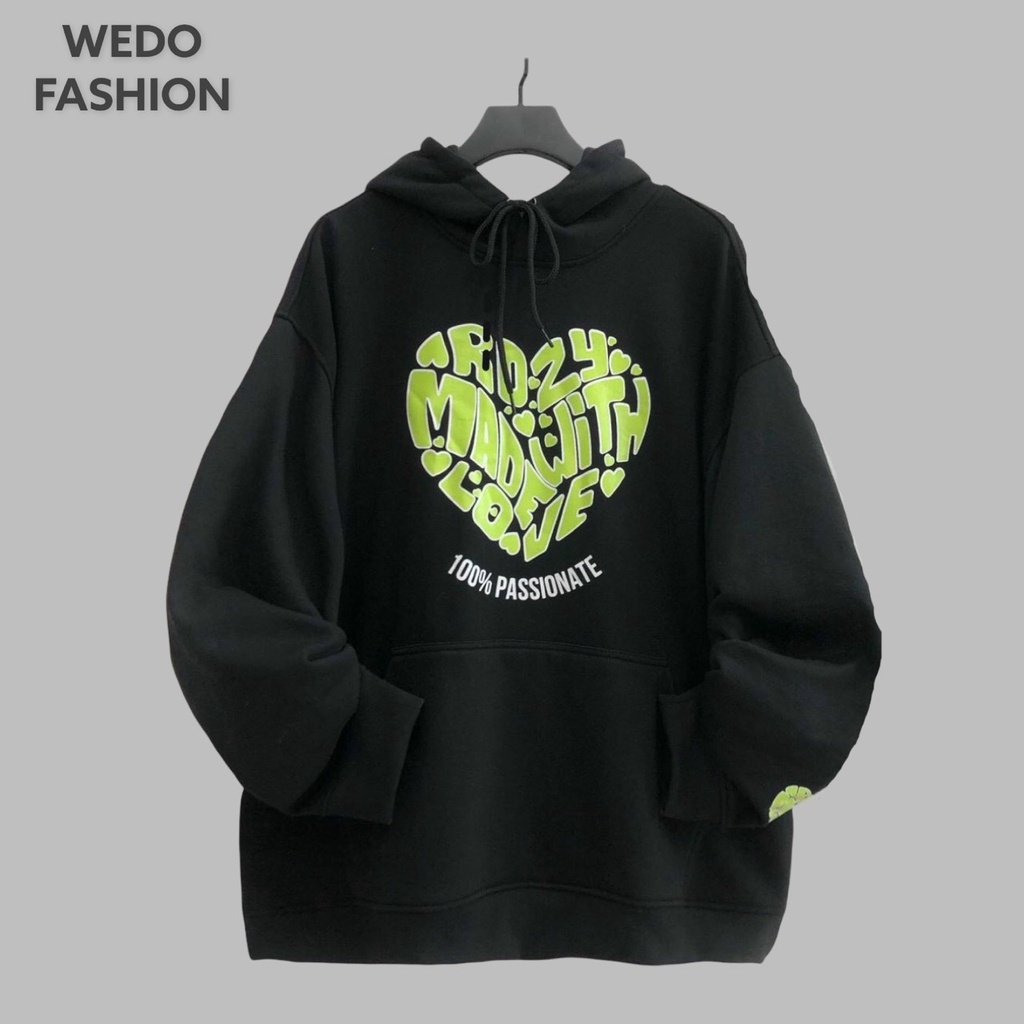Áo hoodie MADEWHIT LOVE nữ, chất vải nỉ ngoại dày dặn phối túi form rộng sành điệu WEDO