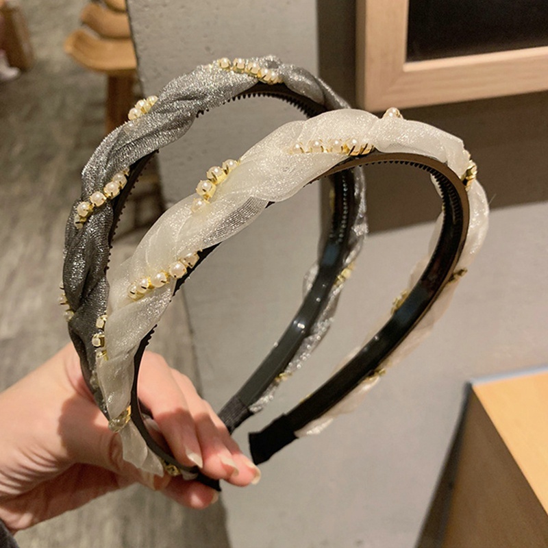 Bờm tóc vải đính dây hạt ngọc bánh bèo tiểu thư