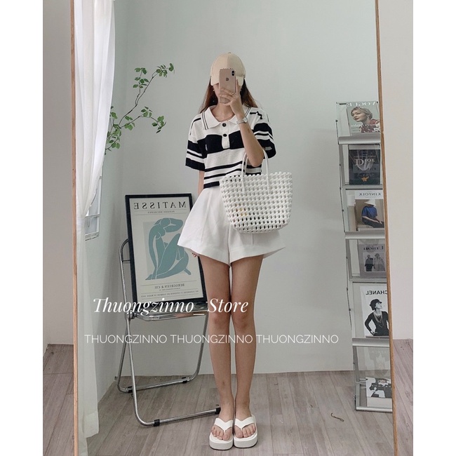 [Ảnh thật/Video] Áo mongtogi Cổ polo kẻ ngang màu Trắng trẻ trung  Áo len sọc ngang hàn quốc