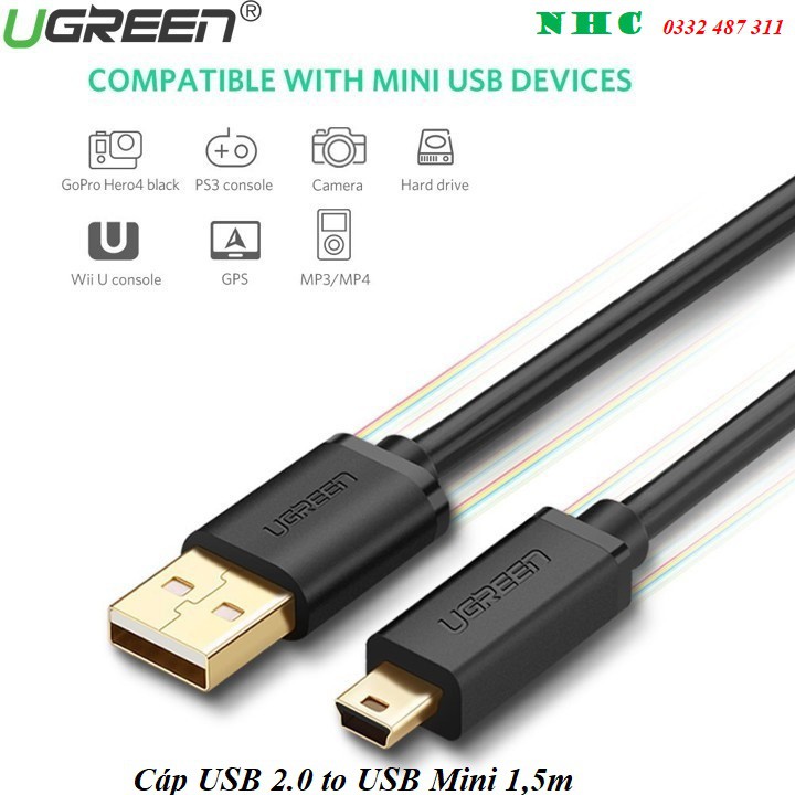 Cáp USB 2.0 to USB Mini 1,5m mạ vàng Chính hãng Ugreen 10385 cao cấp