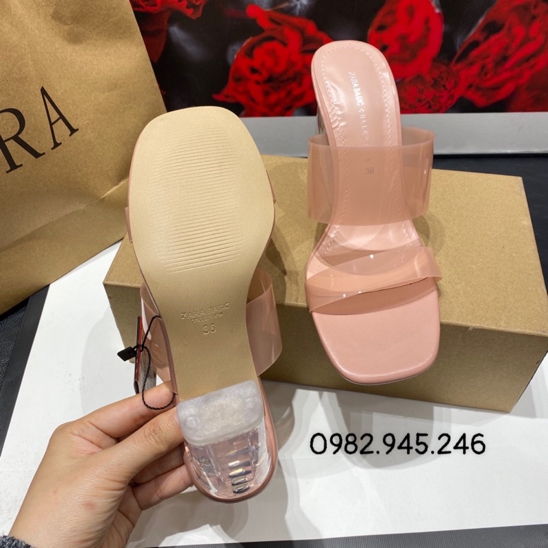 Guốc Zara quai mica 2 màu hồng + trong mềm êm chân, gót 7p và 9p tôn dáng
