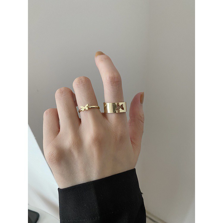 Set Nhẫn Hai Mảnh  191133Quạt Hàn Quốc Bề Mặt Rộng Đục Lỗ Hình Bướm Thời Trang Dễ Phối Đồ