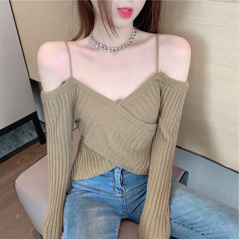 Áo len trễ vai 2 dây chéo vạt