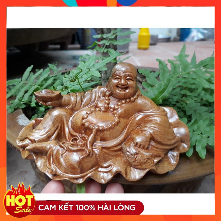 (((GIẢM GIÁ))) Tượng Phật Di Lặc để xe ô tô ngồi lá sen gỗ nguyên khối cao cấp- TẶNG VÒNG ĐEO TAY -hàng loại 1