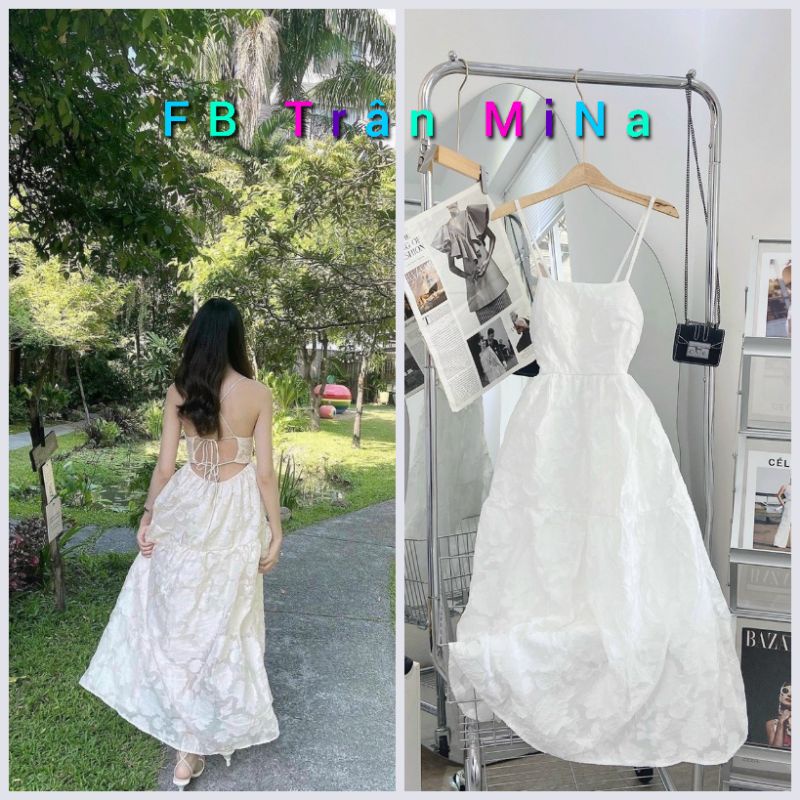 ĐẦM MIDI TRẮNG GẤM HOA HỞ LƯNG DÂY CHÉO ✨( IB SỐP GỬI VIDEO RÕ NÉT)