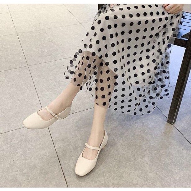 Giày bệt nữ búp bê đế bằng xinh đơn giản mũi tròn da mềm nhẹ nhàng màu đen/kem đi chơi đi học cài quai ngang rẻ