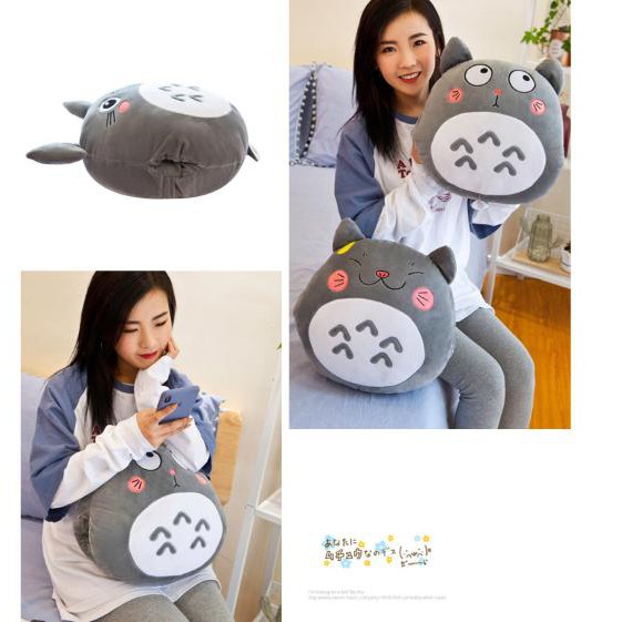 Gối mền 3 trong 1 kèm đút tay mèo totoro tròn chất nhung chăn 2 mặt (Xám)