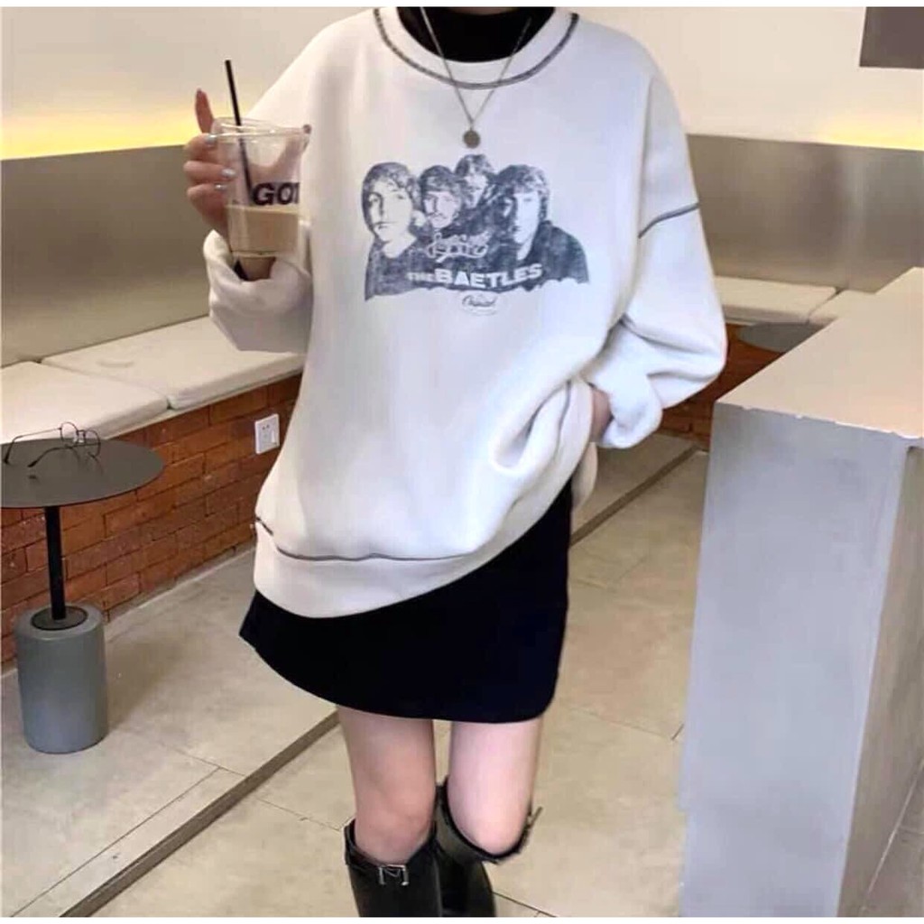 Áo Nỉ The Beatles Kẻ Viền PEONYB Nữ [FREESHIP] Hoodie thun form rộng tay bồng in hình màu TRẮNG | ĐEN cá tính Ulzzang