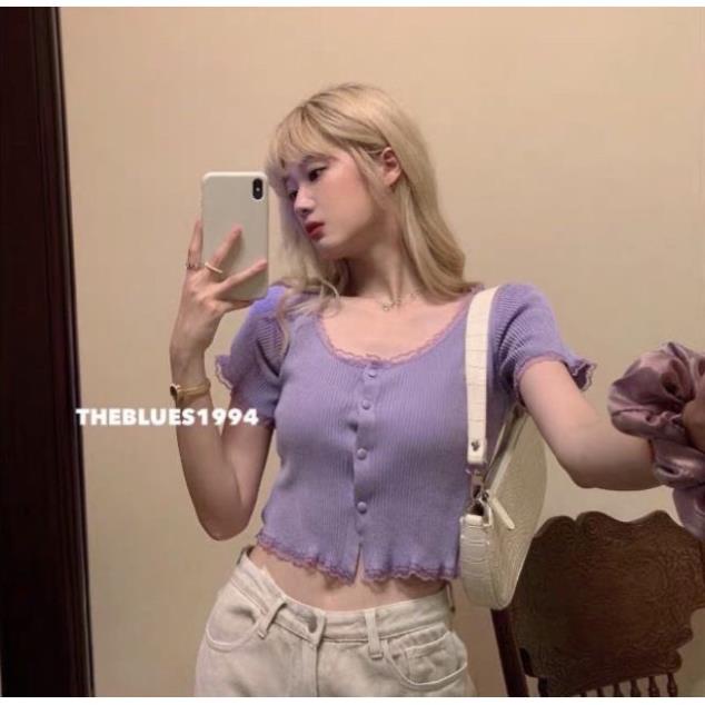 Áo kiểu croptop nút phối ren - mẫu hot 2022 - vải mềm mịn loại 1